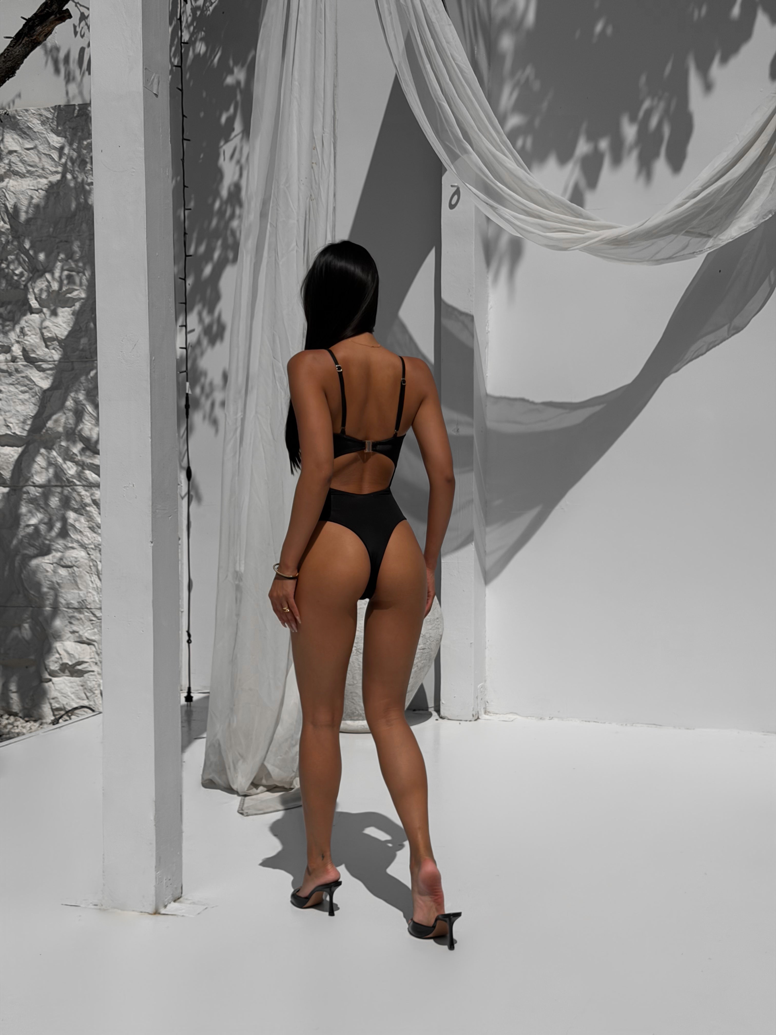 Iris Pierced Bust Detail Cut Out Back One Piece in Black