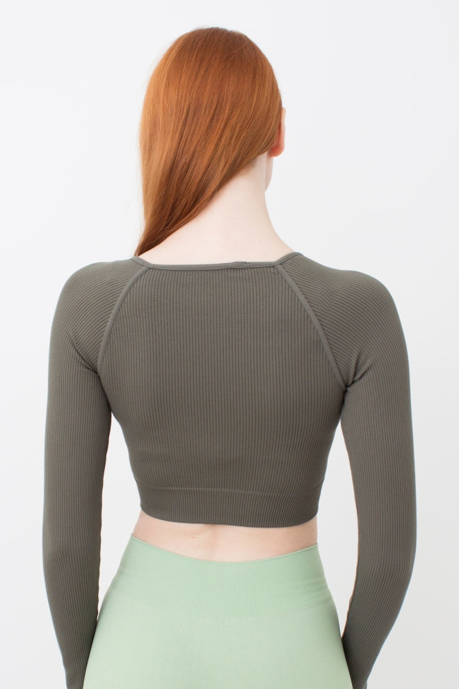 Seamless Ribbed Raglan Long Sleeve Crop Top in Khaki