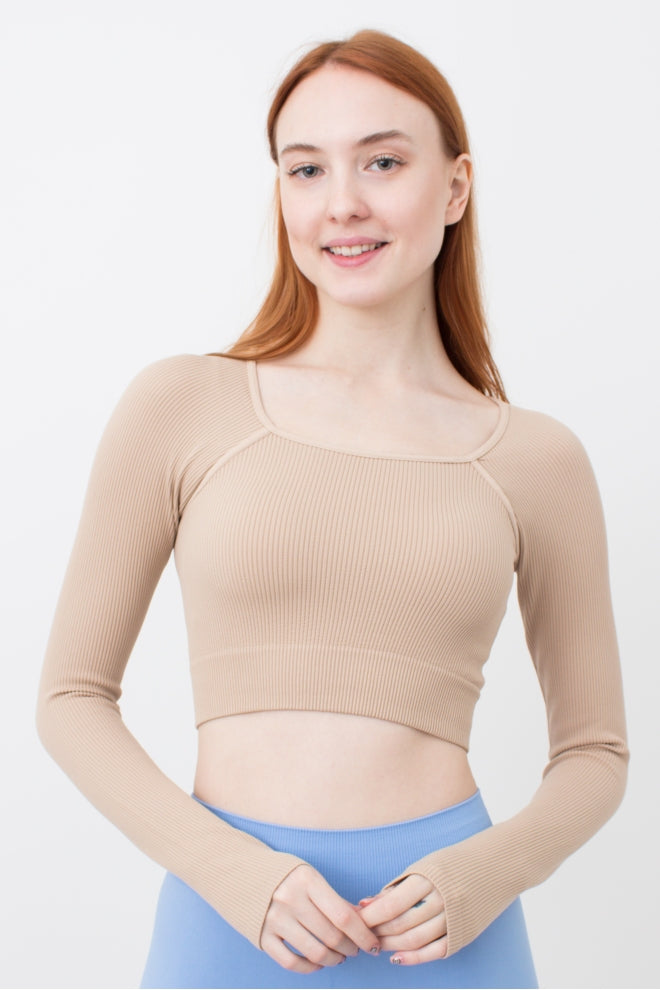 Seamless Ribbed Raglan Long Sleeve Crop Top in Beige