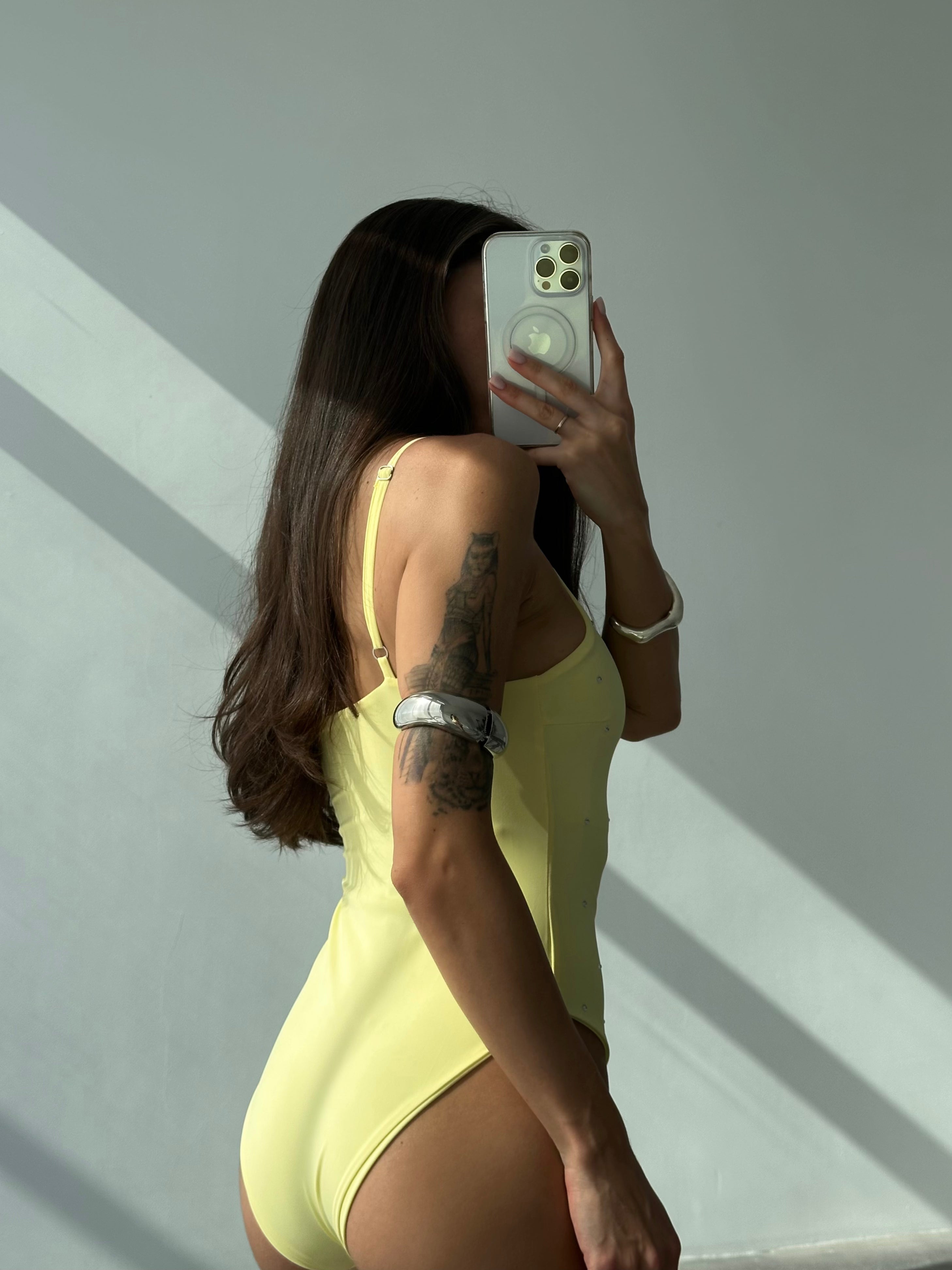 Champagne Rhinestone Embellishment High Cut One Piece in Yellow