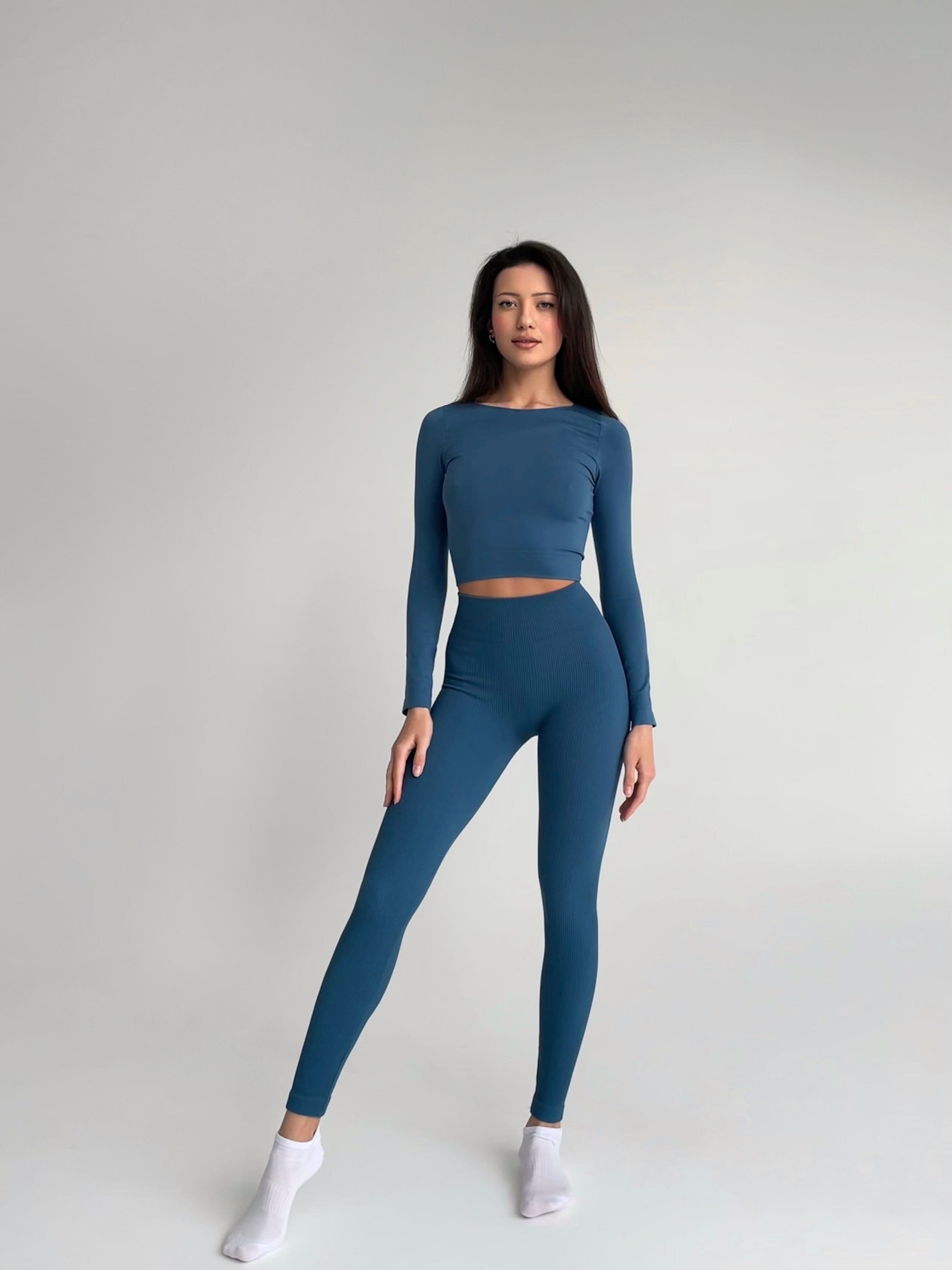 Seamless Ribbed Leggings in Slate Blue