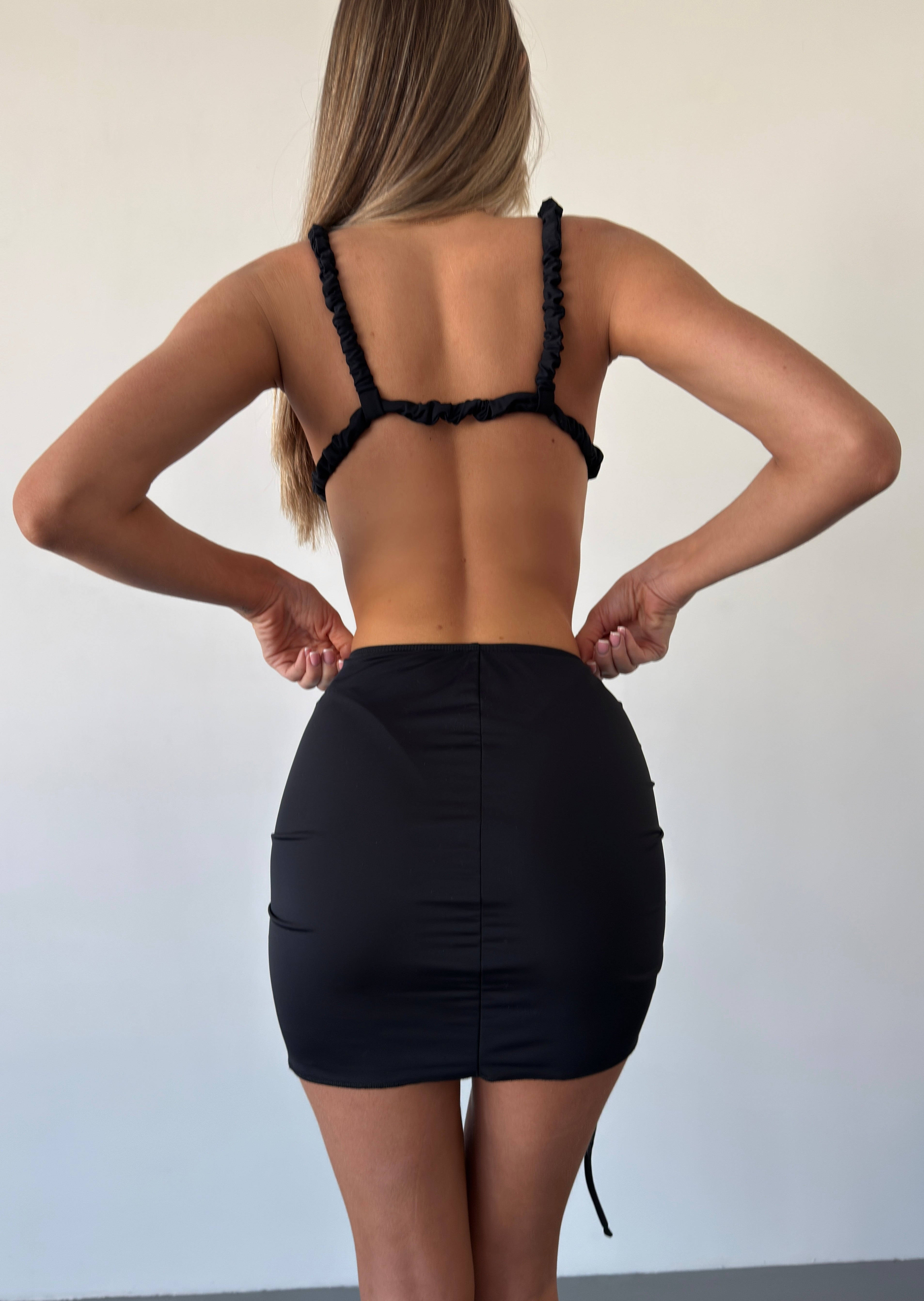 Hawaii 3-Piece Drawstring Skirt Bikini Set in Black