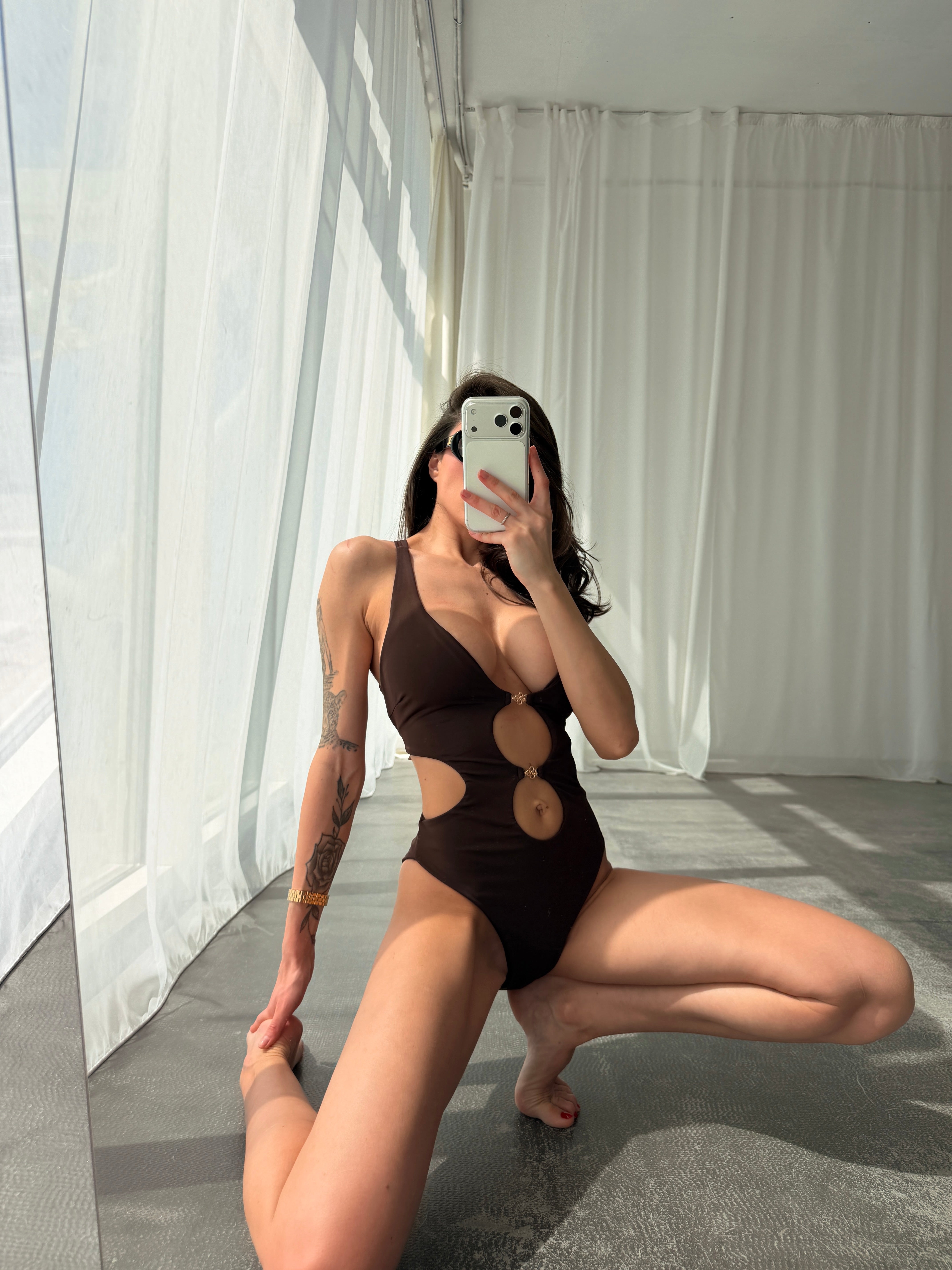 Sibella Cut Out Front Criss Cross Back One Piece in Chocolate