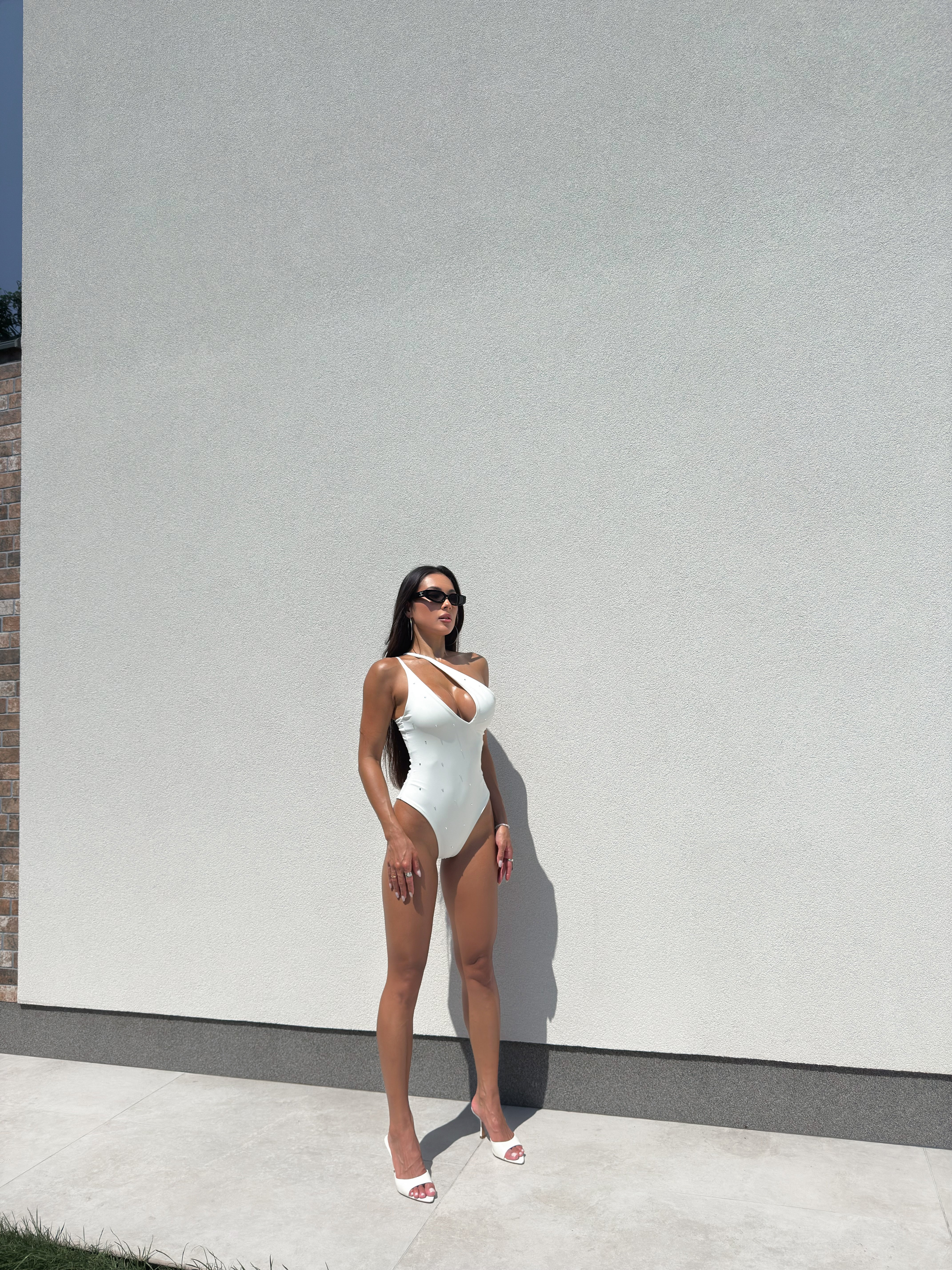 Snake Dazzling Asymmetric Neck One Piece in White