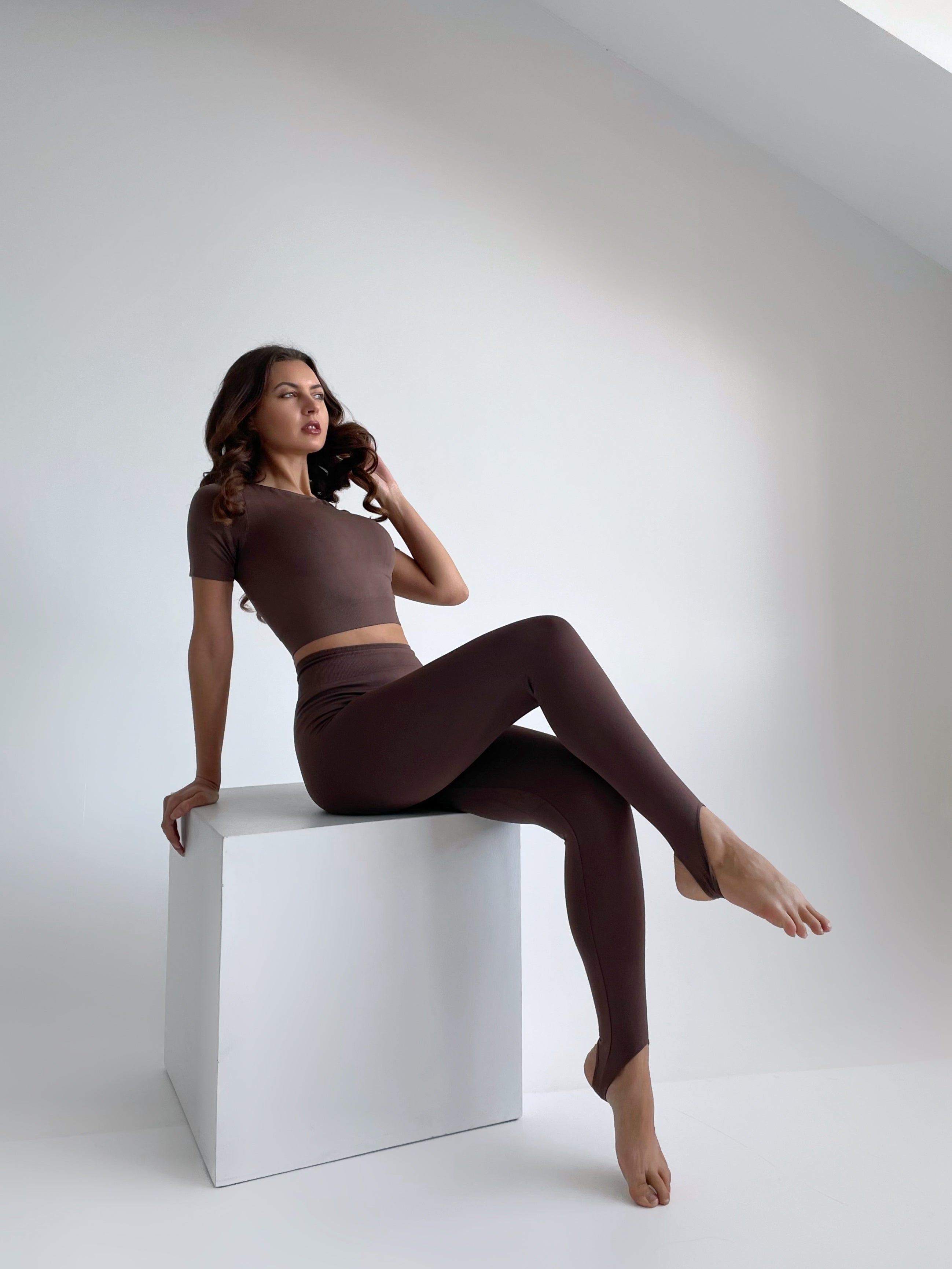 Seamless Cropped Short Sleeve Top in Brown