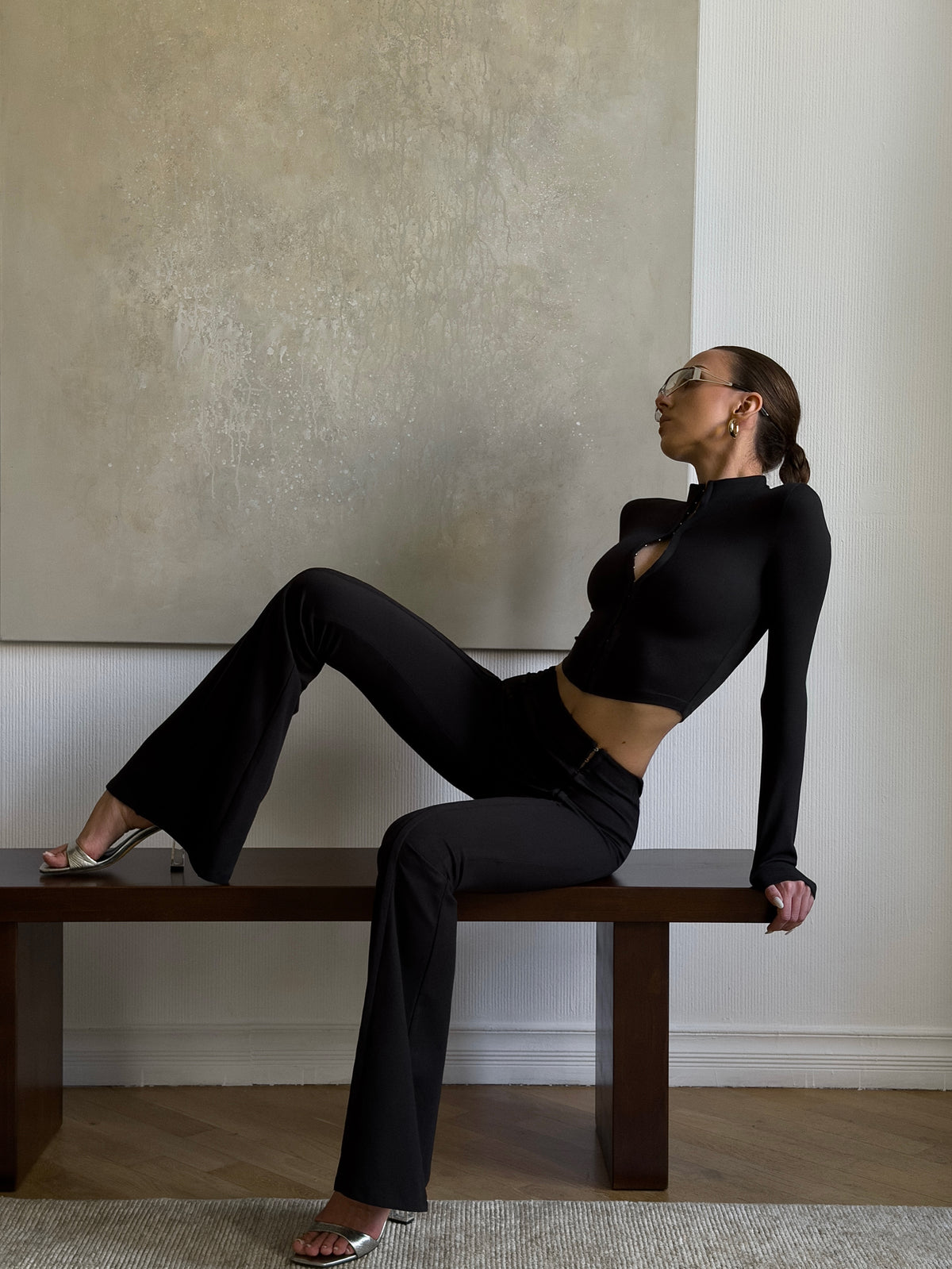 Tokyo Hook and Eye Split Front Flared Pants in Black