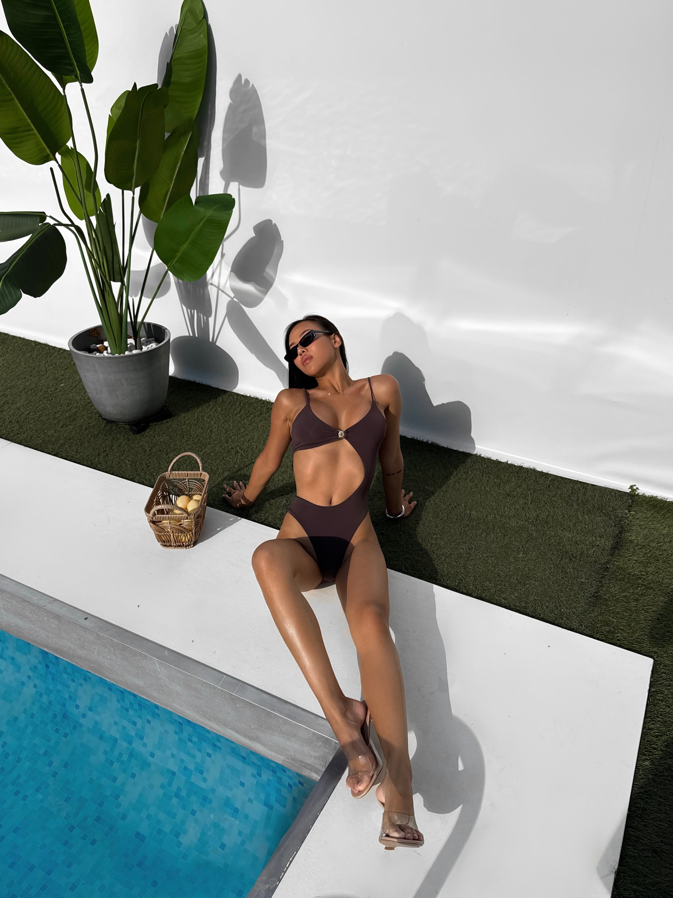 Coral Asymmetric Cut Out Waist One Piece in Chocolate