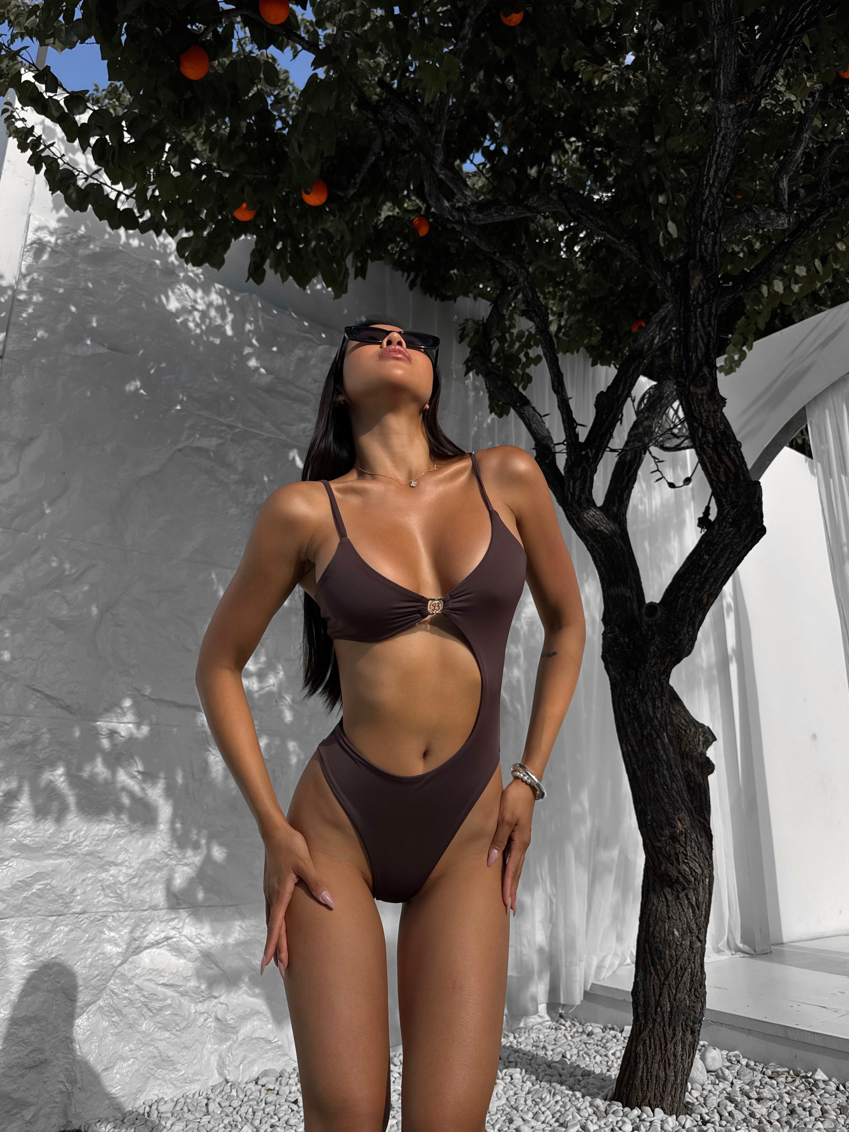 Coral Asymmetric Cut Out Waist One Piece in Chocolate