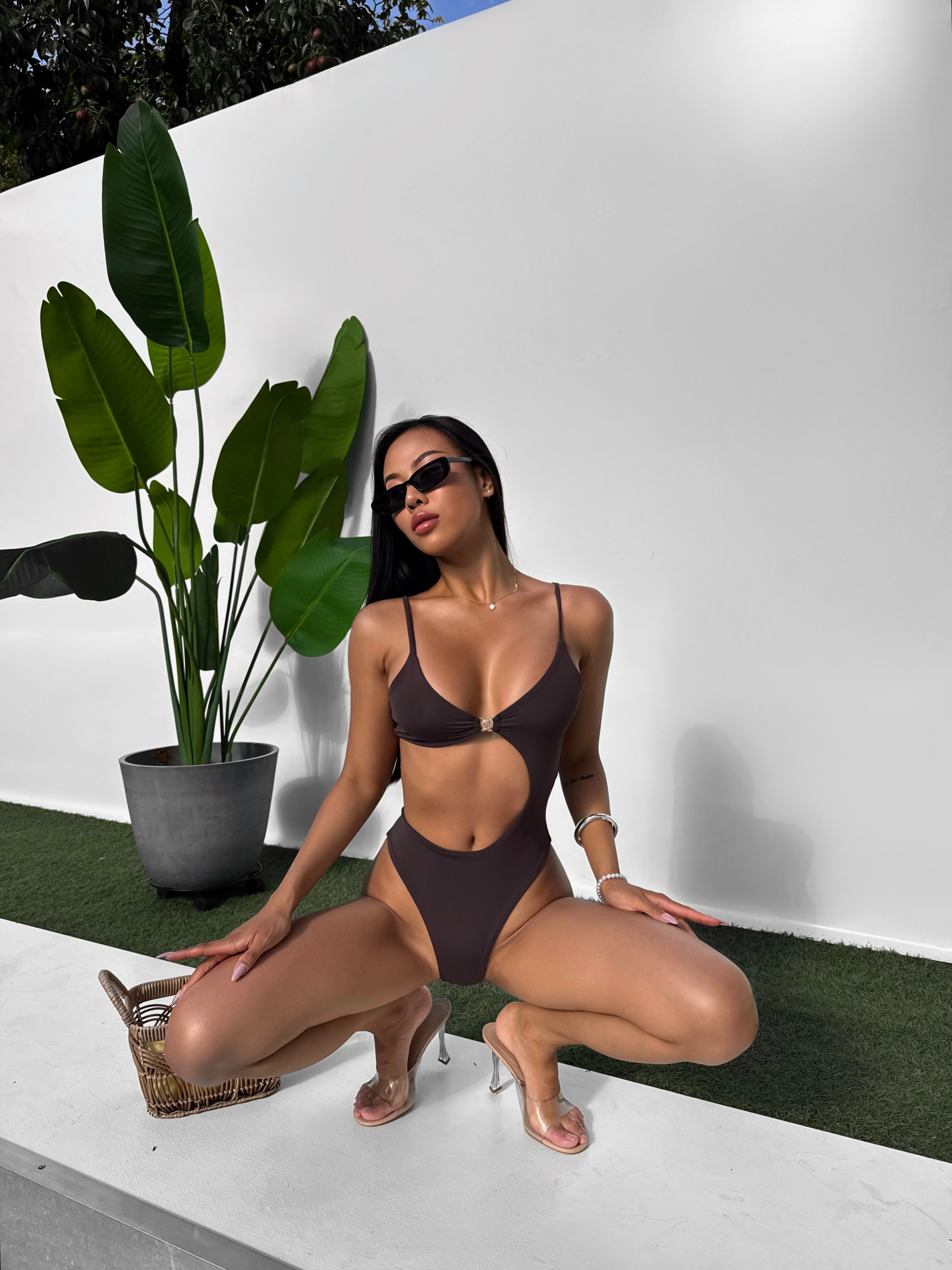 Coral Asymmetric Cut Out Waist One Piece in Chocolate