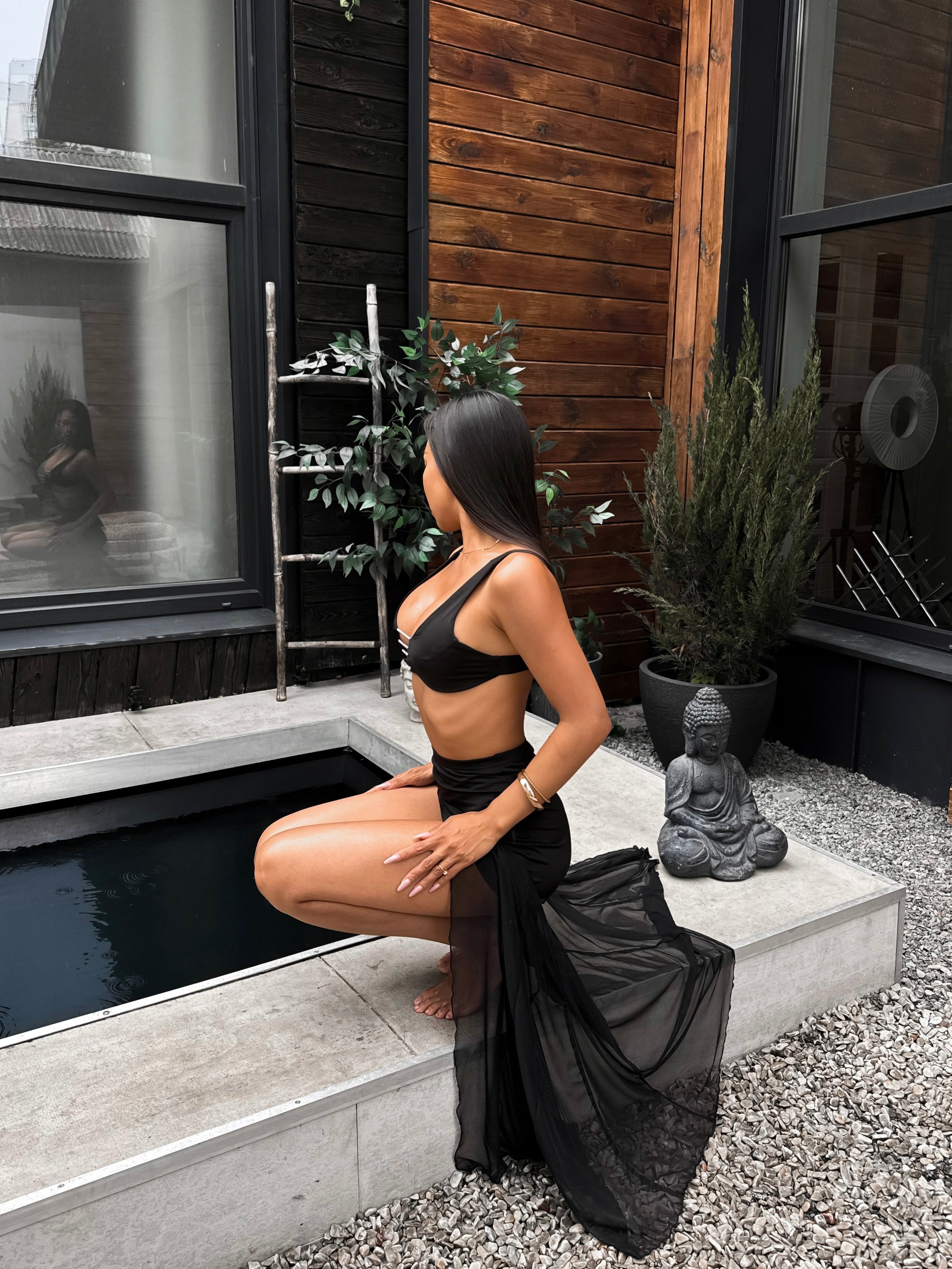 Sri Lanka Mesh Asymmetric Side Split Maxi Beach Skirt in Black