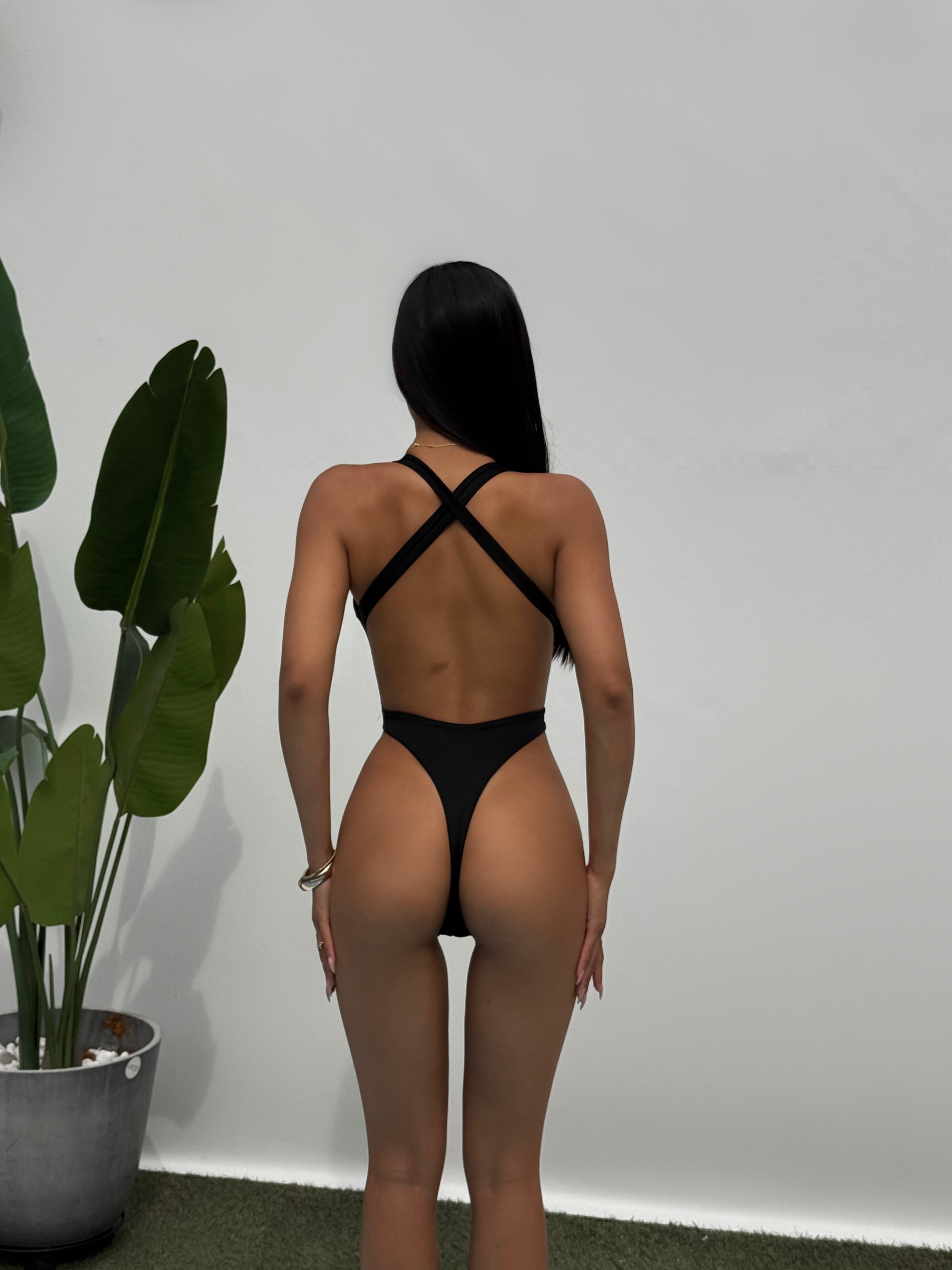 Cancun Deep Plunge Criss Cross One Piece in Black