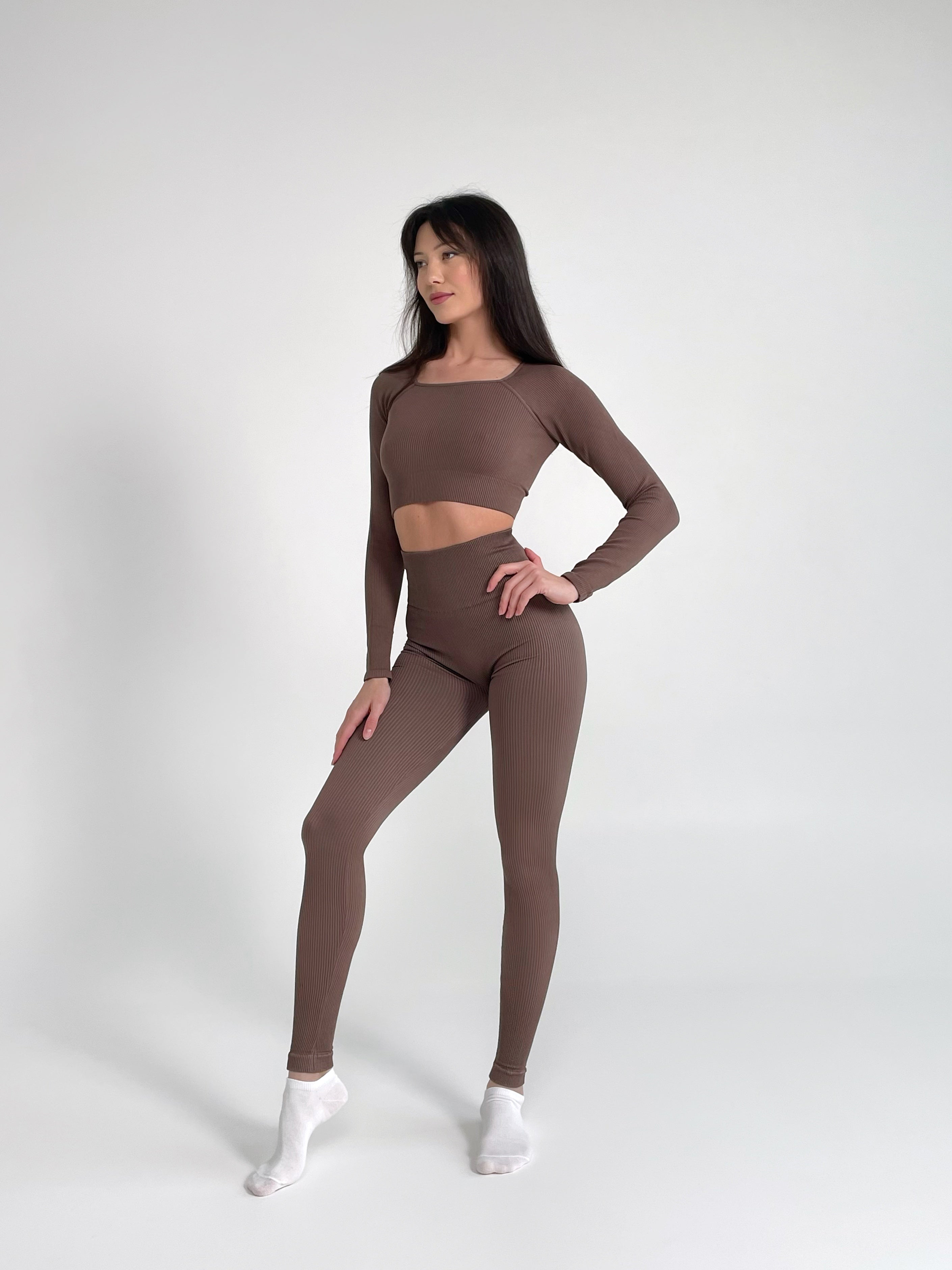 Seamless Ribbed Raglan Long Sleeve Crop Top in Brown