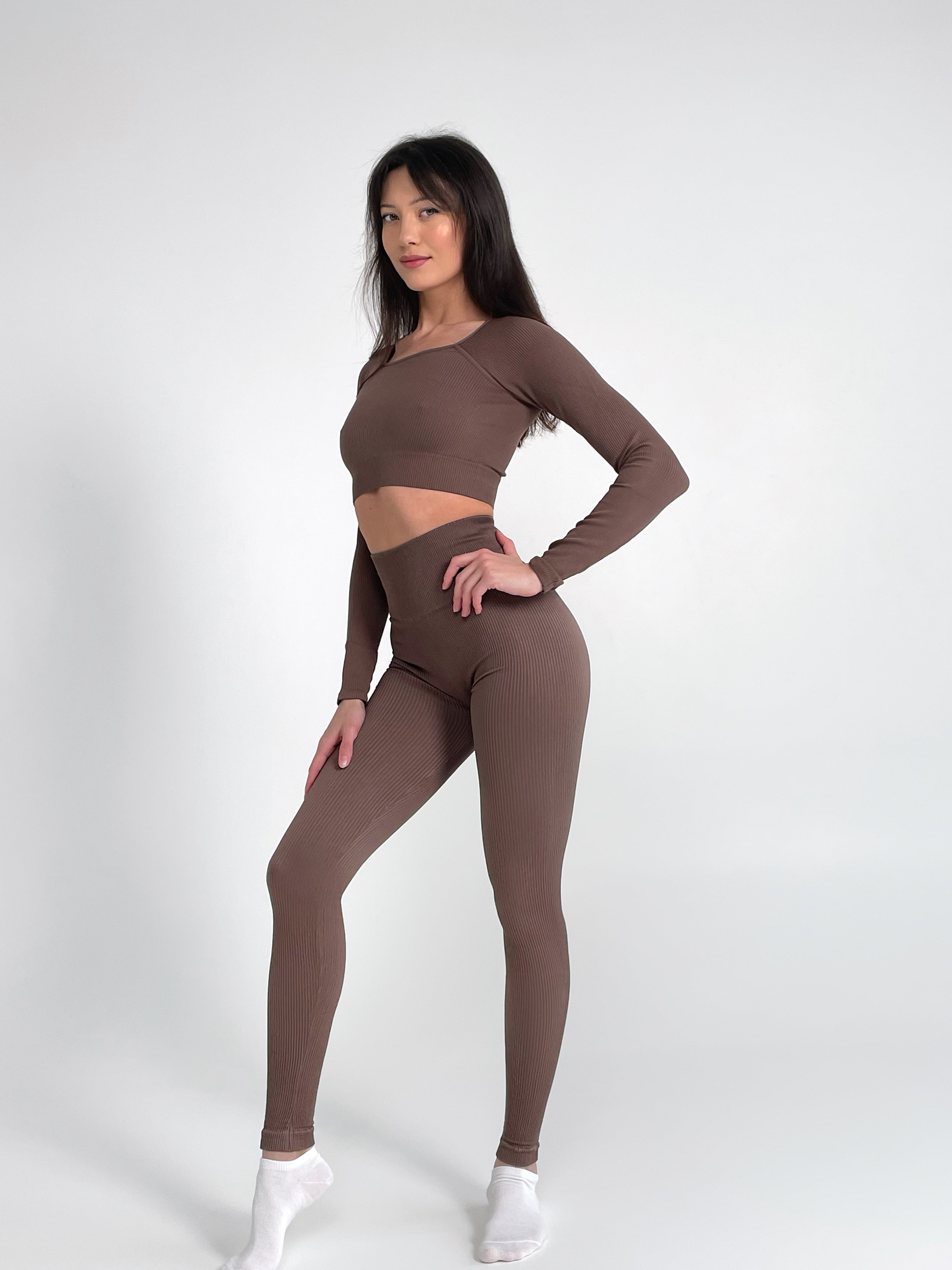 Seamless Ribbed Raglan Long Sleeve Crop Top in Brown