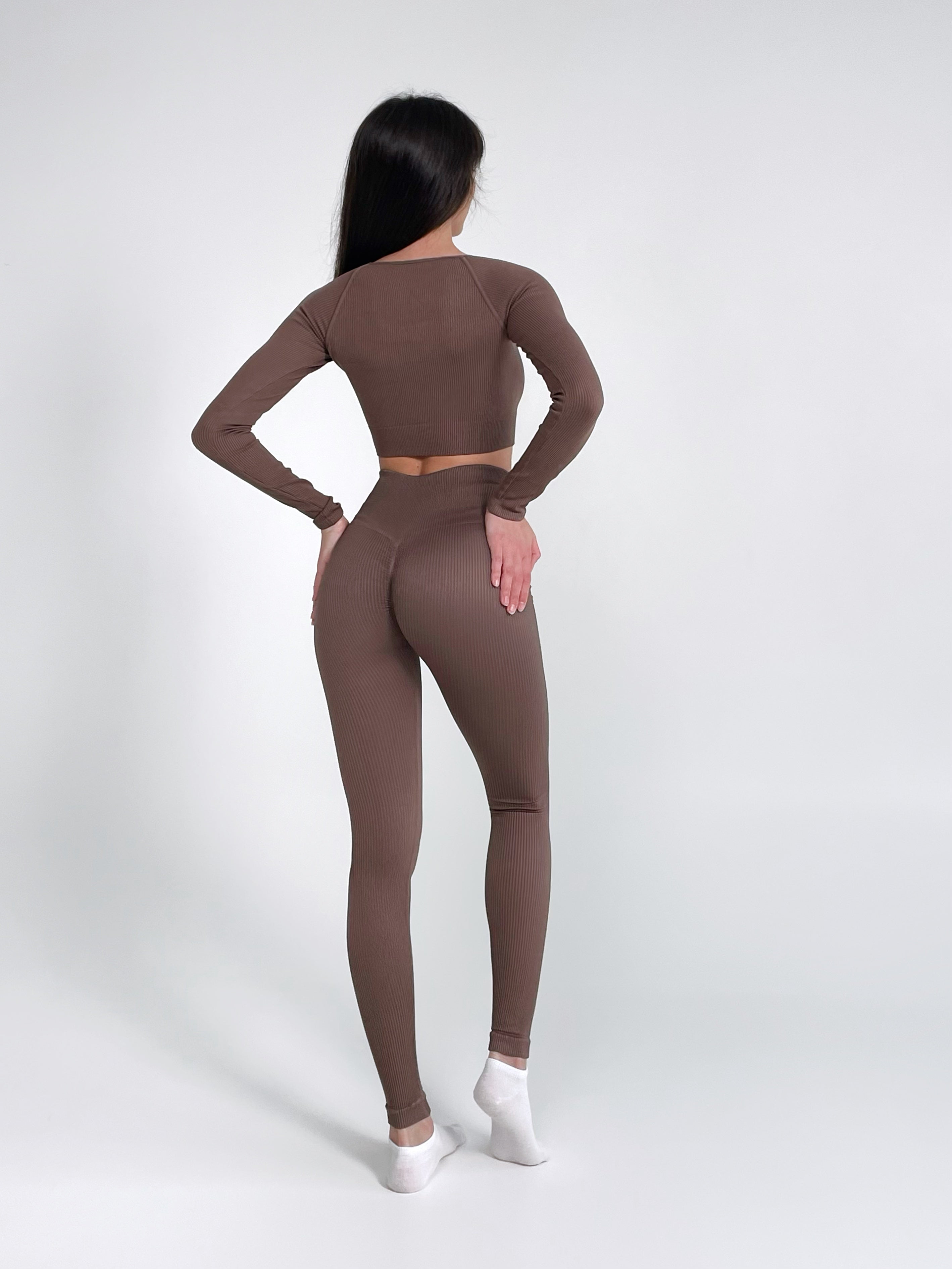 Seamless Ribbed Raglan Long Sleeve Crop Top in Brown