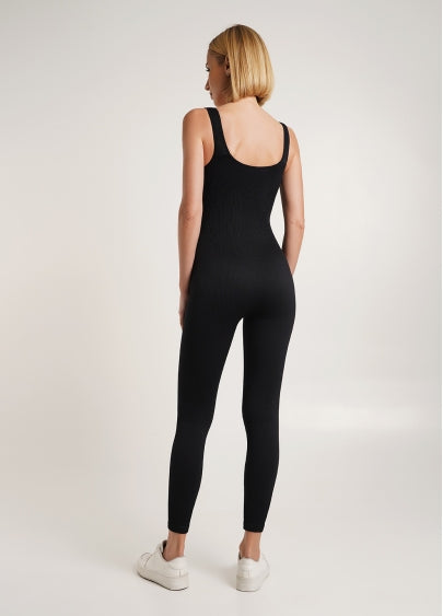 Seamless Ribbed Scoop Neck Unitard Jumpsuit in Black