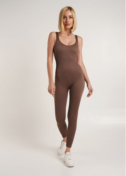 Seamless Ribbed Scoop Neck Unitard Jumpsuit in Chocolate