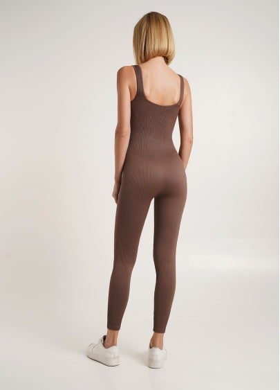 Seamless Ribbed Scoop Neck Unitard Jumpsuit in Chocolate