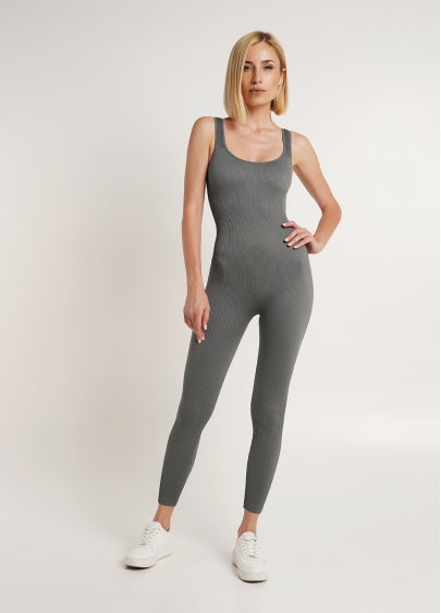 Seamless Ribbed Scoop Neck Unitard Jumpsuit in Dark Gray