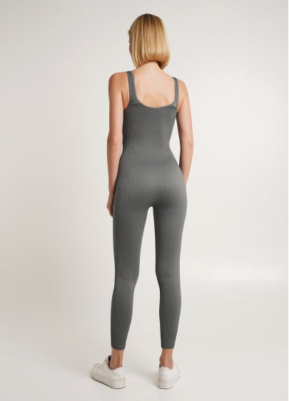 Seamless Ribbed Scoop Neck Unitard Jumpsuit in Dark Gray