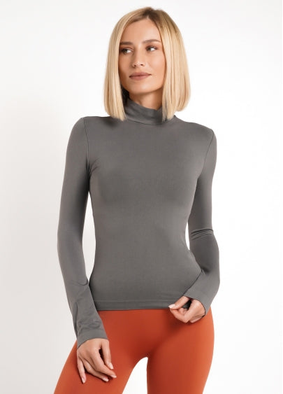 Seamless Turtleneck Long Sleeve Top in Dark Gray