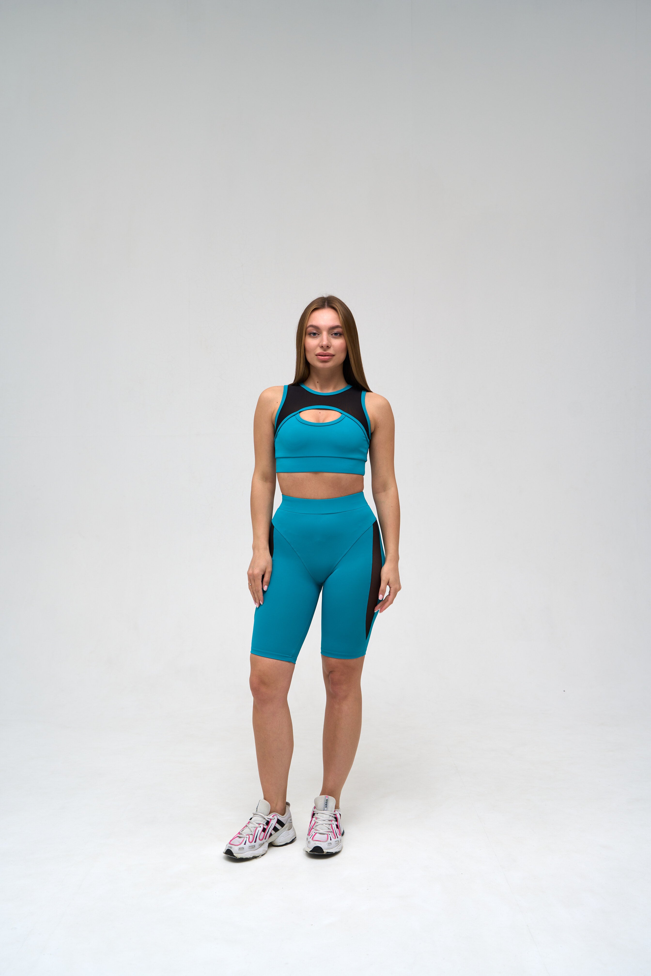 Galaxy Mesh Insert Cut Out Sleeveless Cropped Top in Turquoise