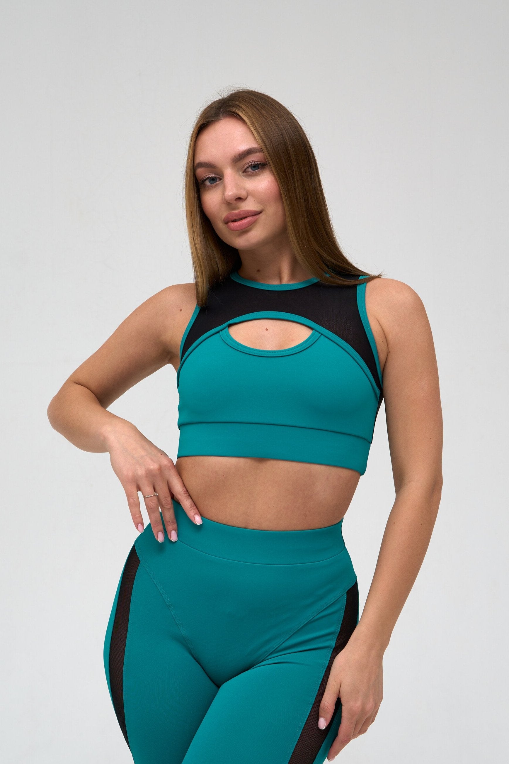 Galaxy Mesh Insert Cut Out Sleeveless Cropped Top in Turquoise