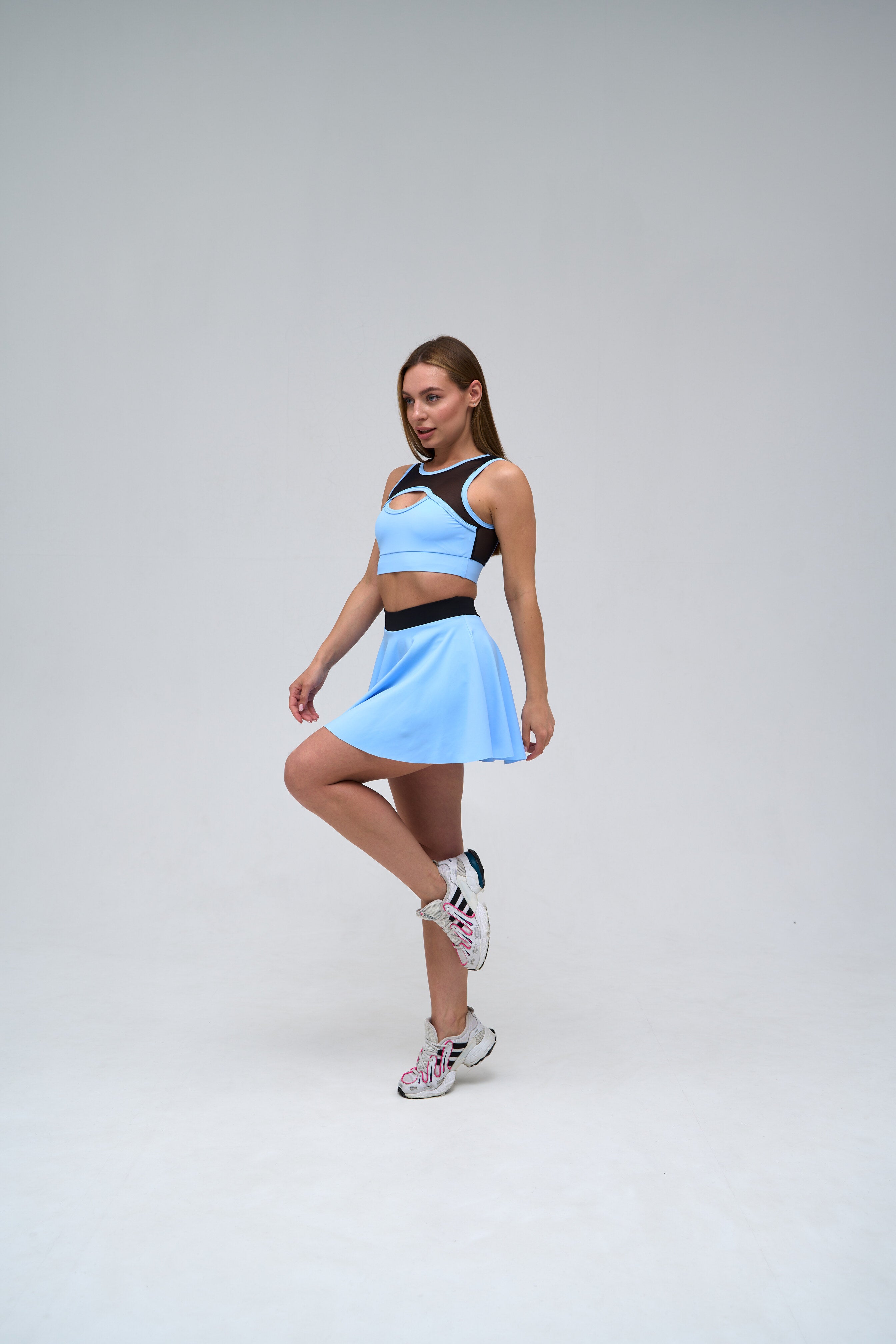 Galaxy Mesh Insert Cut Out Sleeveless Cropped Top in Sky Blue