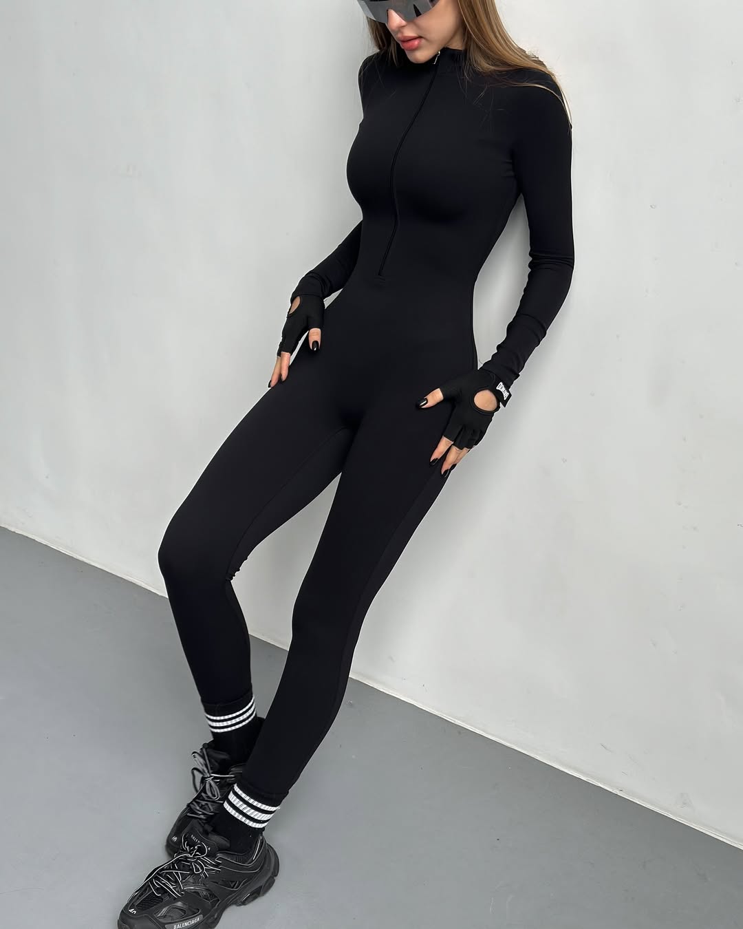 Nova Zip-Front Long-Sleeve Jumpsuit in Black