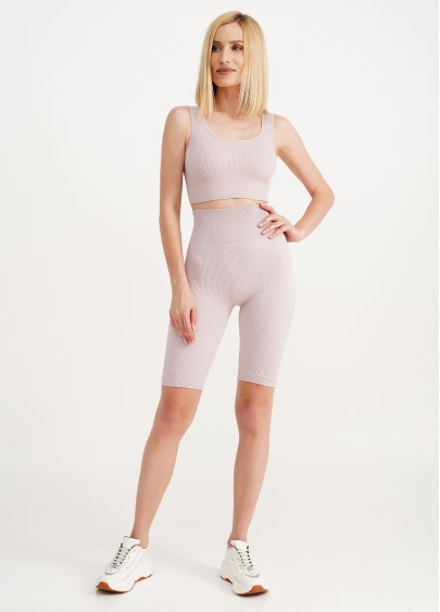 Seamless Ribbed Above Knee Scrunch Bike Shorts in Pastel Pink