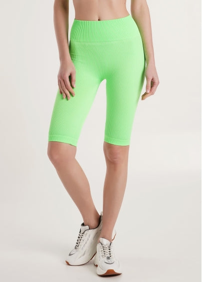 Seamless Ribbed Above Knee Bike Shorts in Neon Green