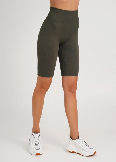 Seamless Ribbed Above Knee Bike Shorts in Khaki