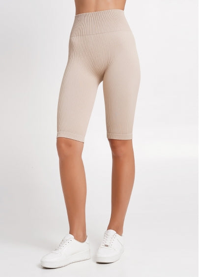 Seamless Ribbed Above Knee Bike Shorts in Beige