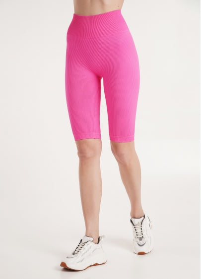 Seamless Ribbed Above Knee Bike Shorts in Neon Pink