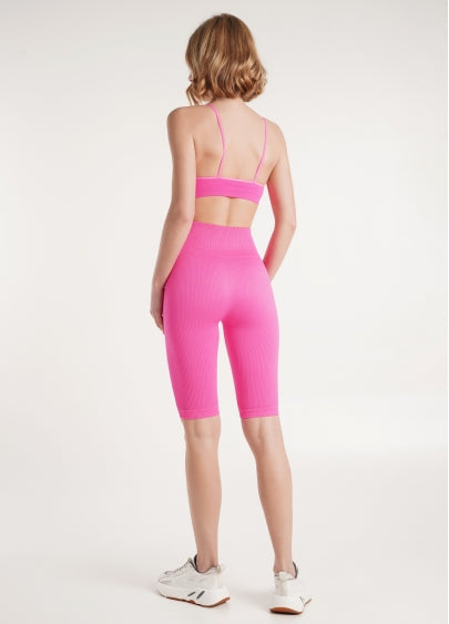 Seamless Ribbed Above Knee Bike Shorts in Neon Pink