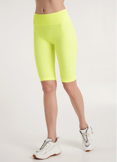 Seamless Ribbed Above Knee Bike Shorts in Neon Yellow