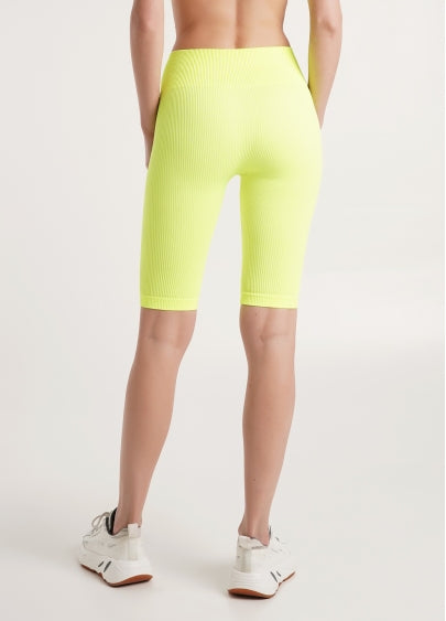 Seamless Ribbed Above Knee Bike Shorts in Neon Yellow