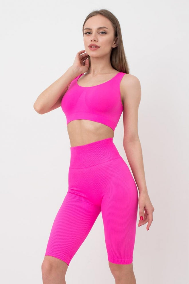 Seamless Ribbed Above Knee Bike Shorts in Neon Pink