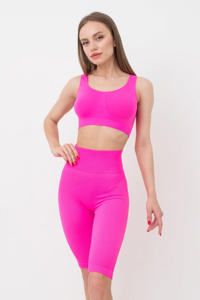 Seamless Ribbed Above Knee Bike Shorts in Neon Pink