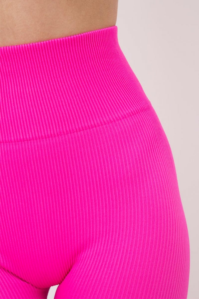 Seamless Ribbed Above Knee Bike Shorts in Neon Pink