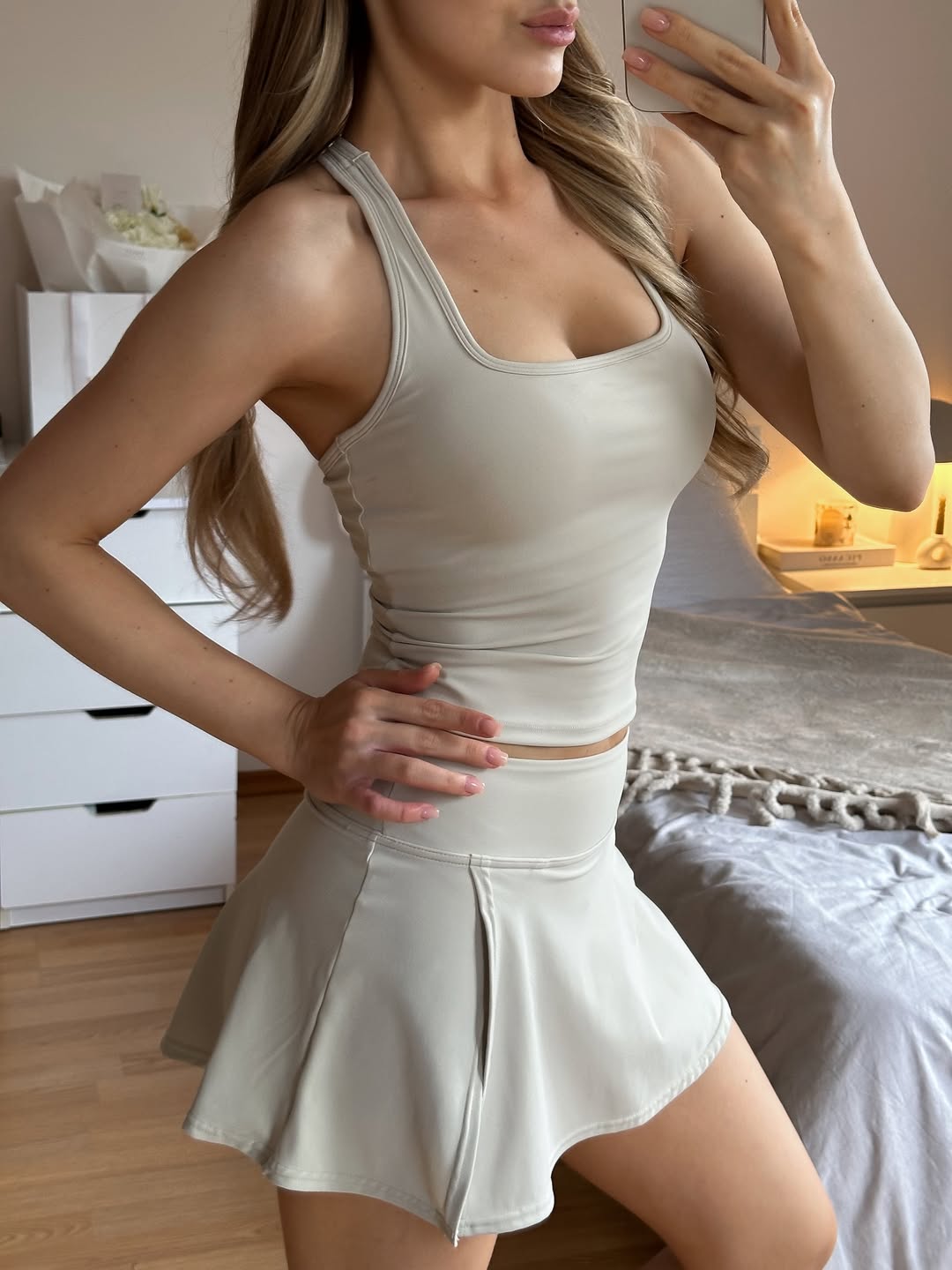 Pantera Square-Neck Tank Top & High-Waist Sports Skort in Ivory