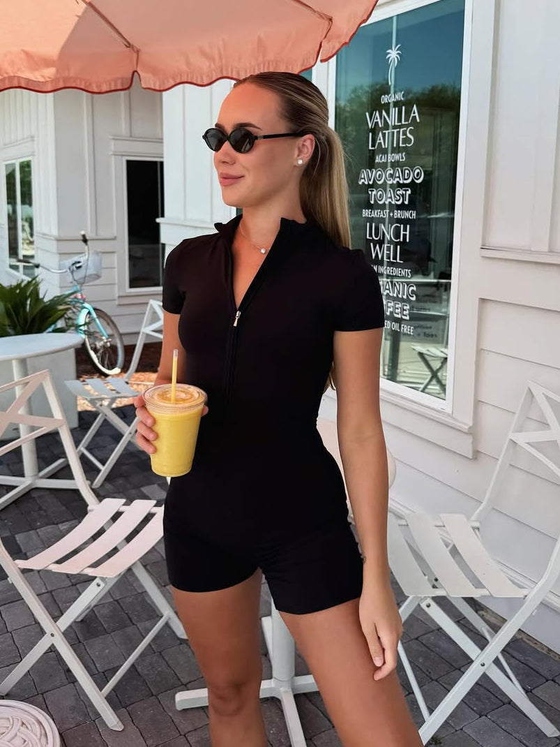 Nova Short-Sleeve Zip Romper in Black