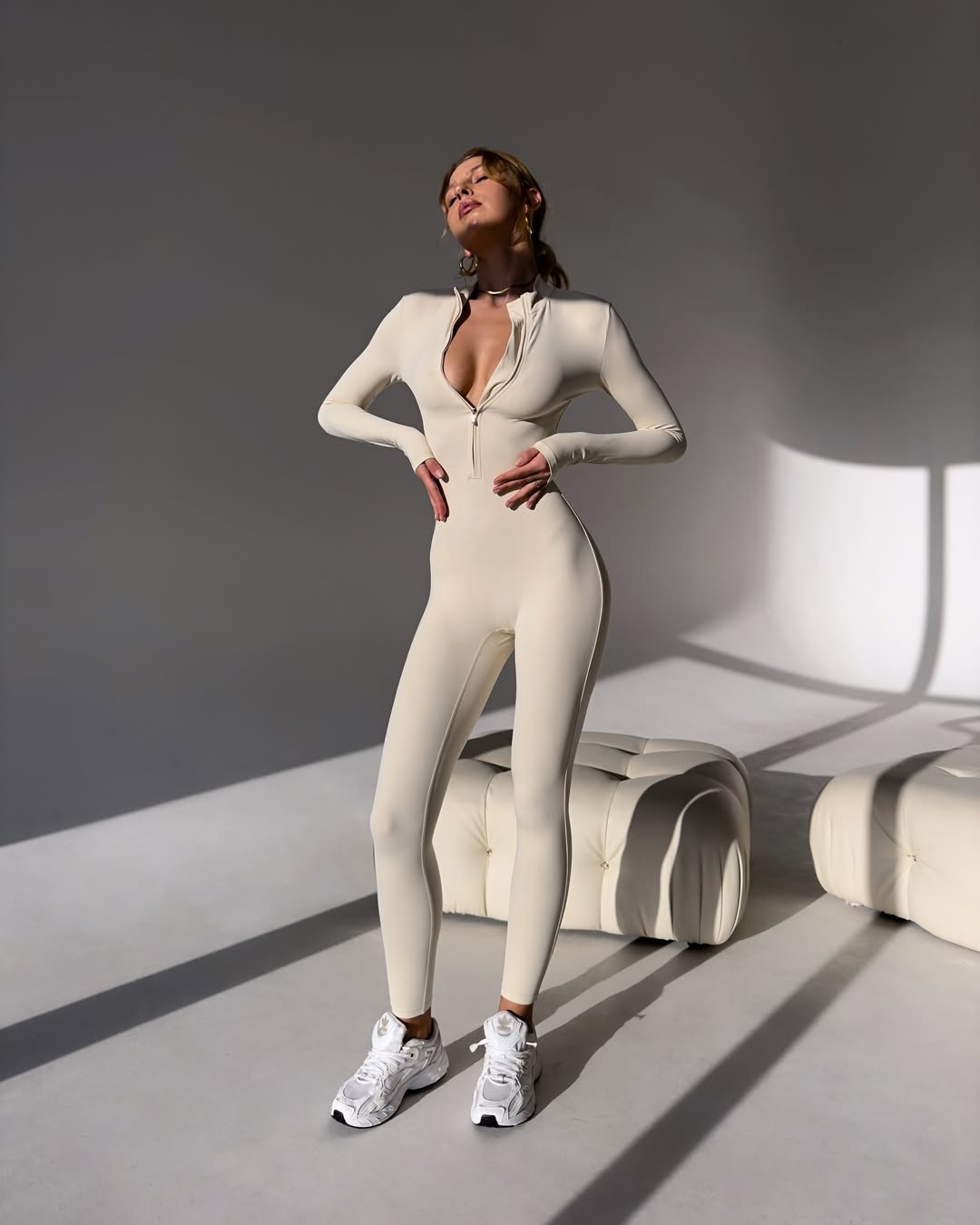 Pantera Zip-Front Long-Sleeve Jumpsuit in Ivory
