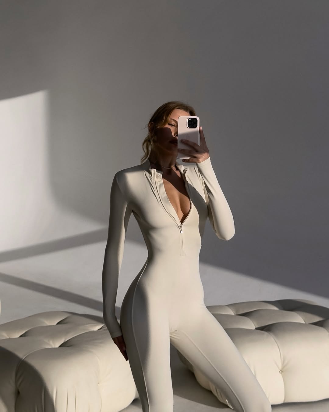 Pantera Zip-Front Long-Sleeve Jumpsuit in Ivory