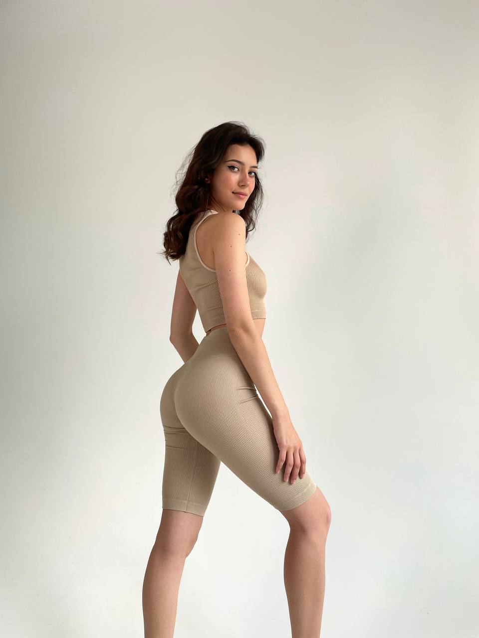 Seamless Ribbed One Size Bike Shorts in Beige