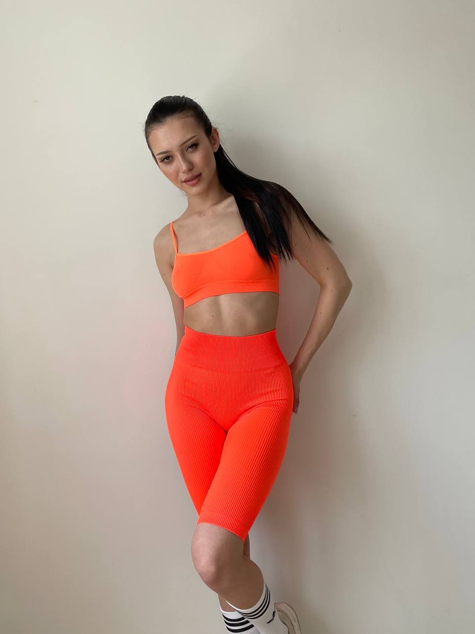 Seamless Ribbed One Size Bike Shorts in Neon Orange