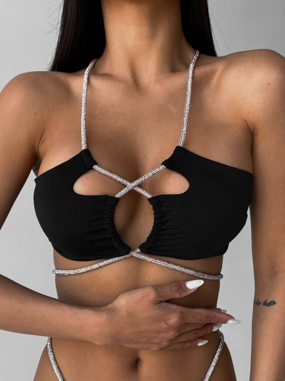 Crystal Shiny Straps Bikini Set in Black