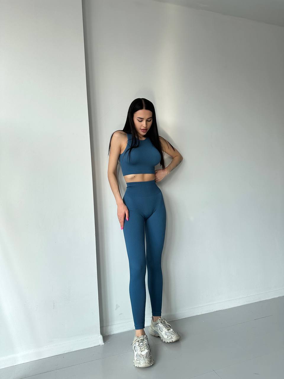 Seamless Ribbed Scrunch Leggings in Slate Blue