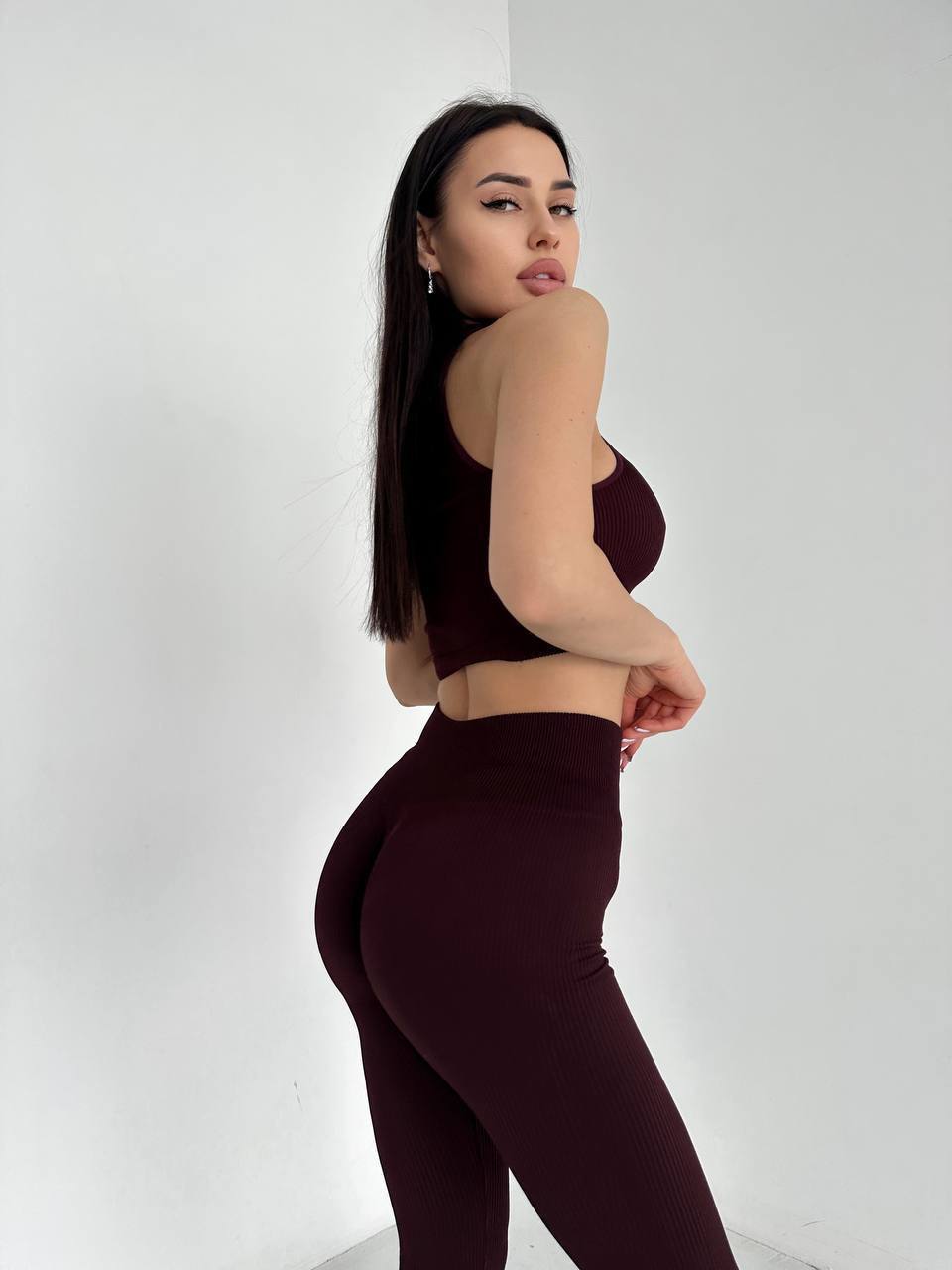 Seamless Ribbed Halter Crop Top in Maroon