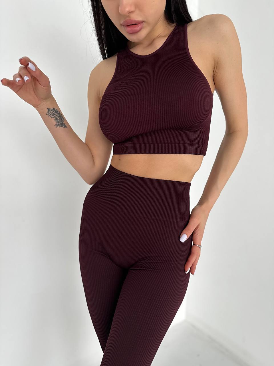 Seamless Ribbed Halter Crop Top in Maroon