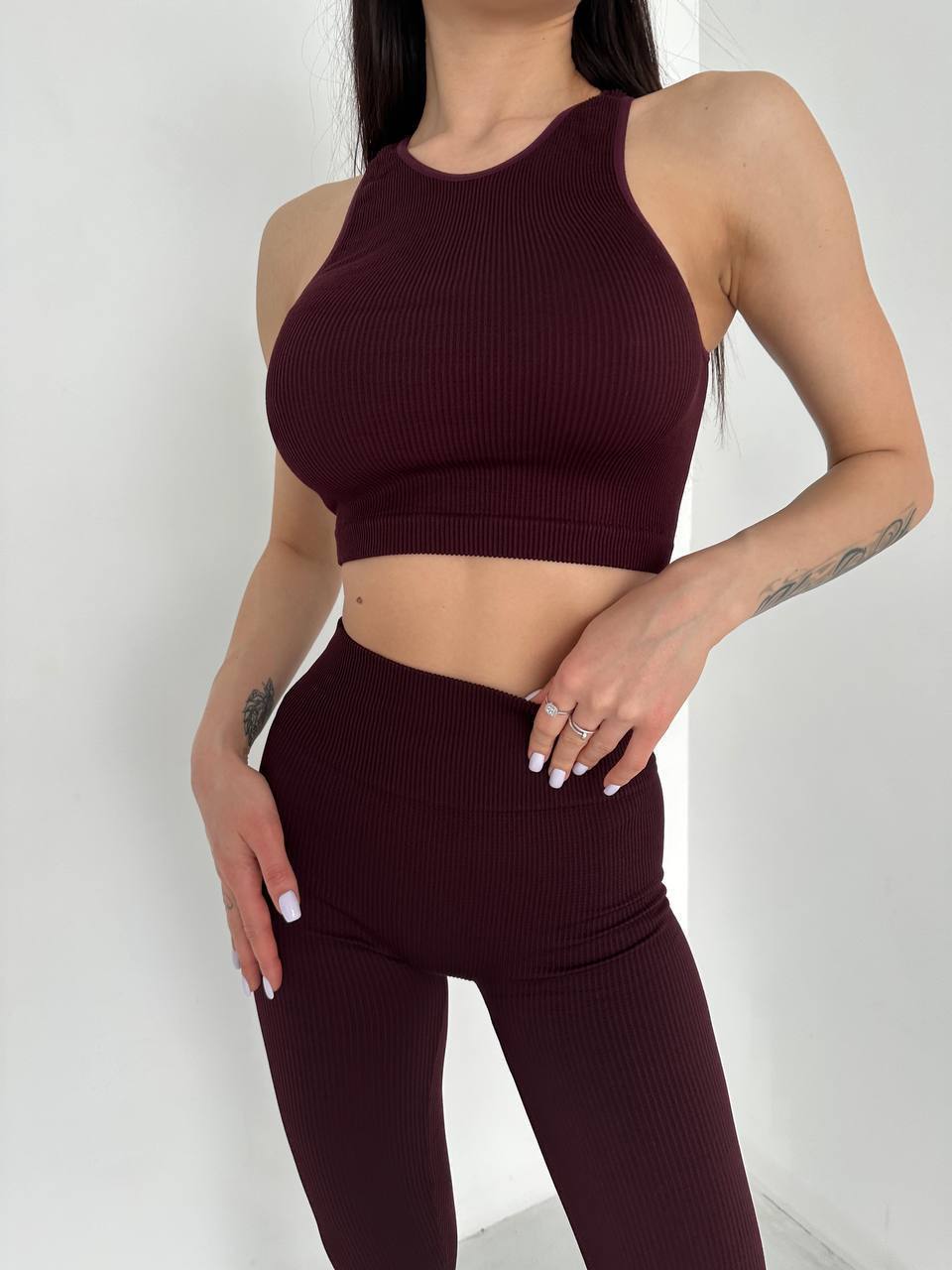 Seamless Ribbed Halter Crop Top in Maroon